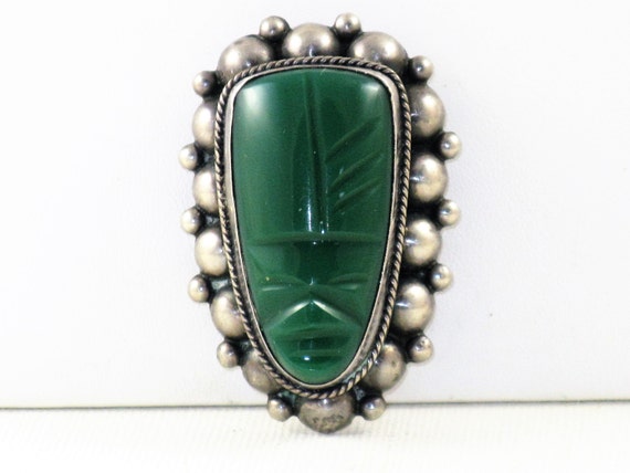 Antique Vintage Sterling Silver Green Onyx Aztec … - image 1