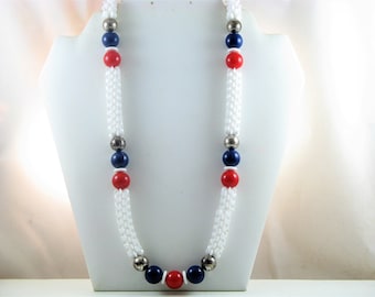 Vintage Long Patriotic Red, White and Blue Single Strand Plastic Bead Necklace (N-2-2)