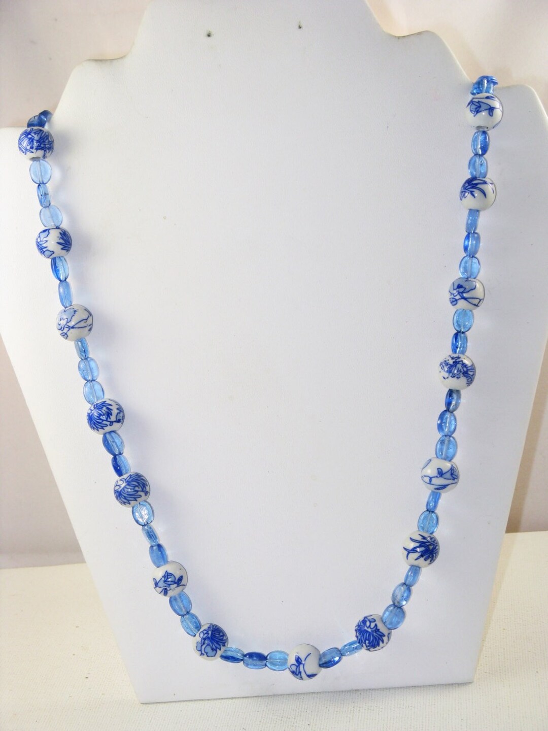 Vintage Long Single Strand Blue and White Glass Floral Beaded - Etsy