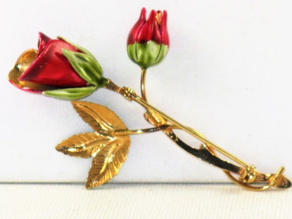 Vintage Red Enameled Rose Floral Brooch Pin (B-1-… - image 2