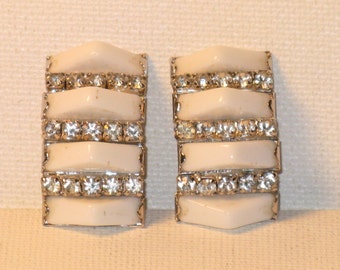 Vintage Milk Glass Rhinestone Clip Earrings: 1940s-50s Silver Tone