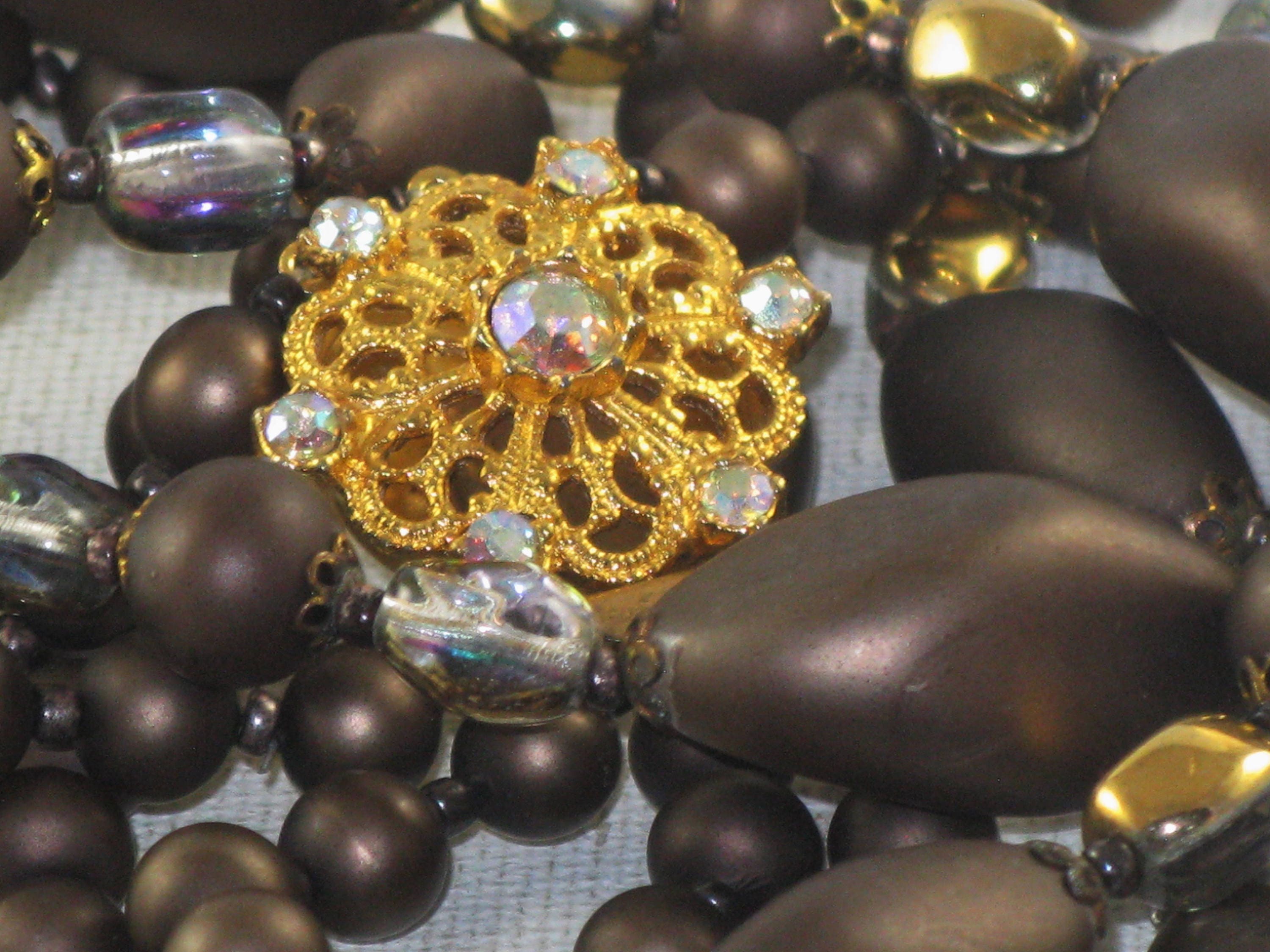 Collier Vintage 3 Rangs Marron Nacré Ambré - Synthétique, Occasion En Très Bon état