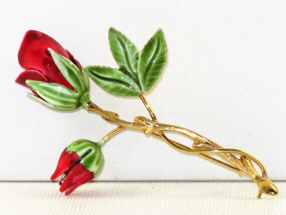 Vintage Red Enameled Rose Floral Brooch Pin (B-1-… - image 1
