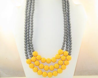 Long Yellow and Gray Lucite Triple-Strand Beaded Necklace (N-3-4)