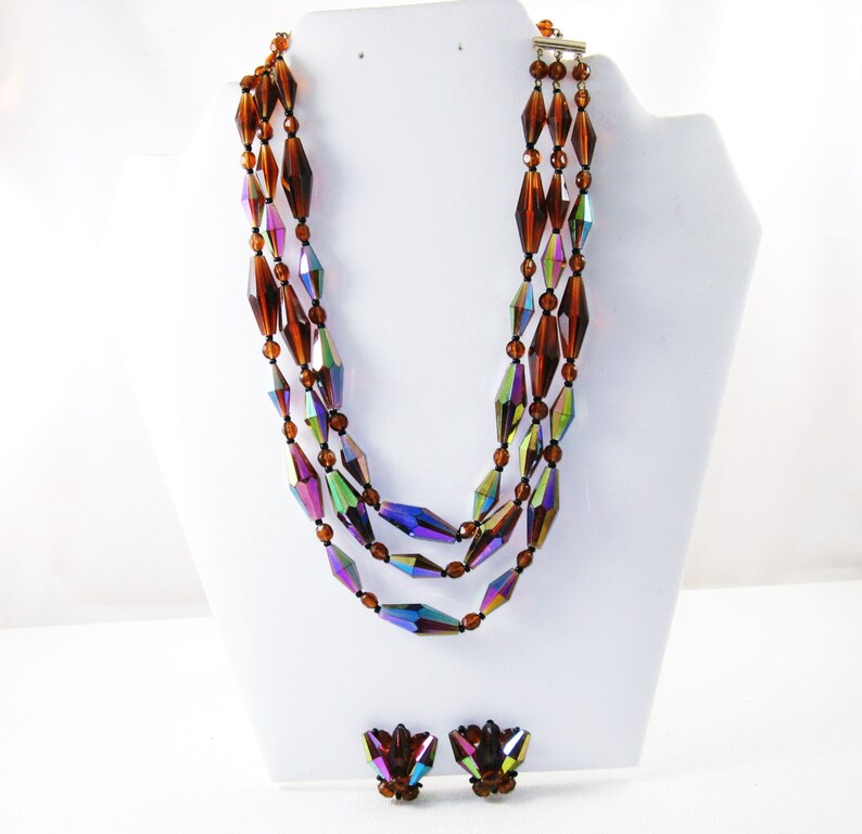 West Germany Vintage Faux Iridescent Crystal Triple Strand Necklace and Earrings Demi Set N-4-1 image 1