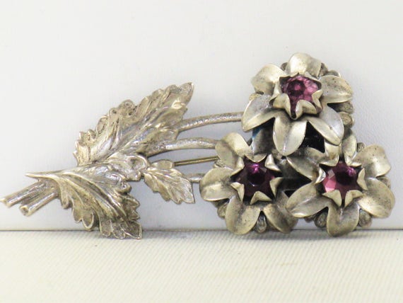 Antique Vintage 1930s Silver Tone Amethyst Rhines… - image 1