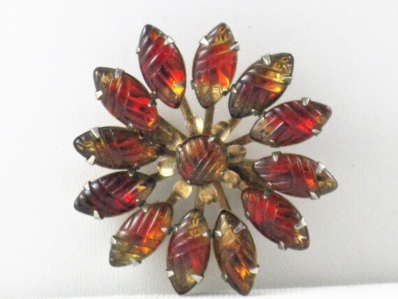 Vintage Carved Glass Red Gold Rhinestone Floral B… - image 1