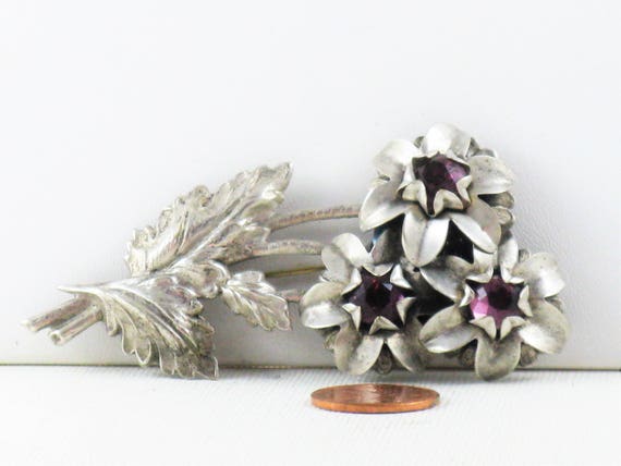 Antique Vintage 1930s Silver Tone Amethyst Rhines… - image 2