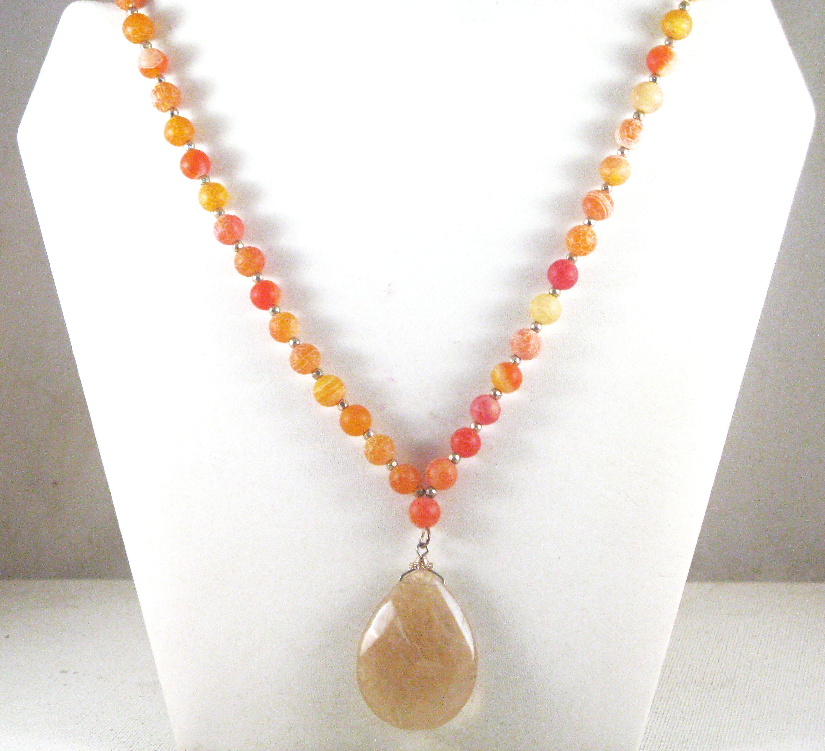 Collier De Perles Ancien En Pâte De Verre Orange Avec Inclusions Or - Bijou Vintage Laiton
