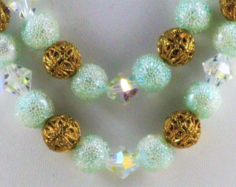 Vintage Sugared Pale Green, Crystal and Gold Tone Double Strand Bead Necklace (N-1-1)