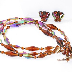 West Germany Vintage Faux Iridescent Crystal Triple Strand Necklace and Earrings Demi Set N-4-1 image 4