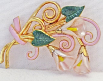 Antique Vintage Pink Enamel Mother of Pearl Shell Gold Gilt Pot Metal Floral Calla Lily Brooch Pin (B-3-5)