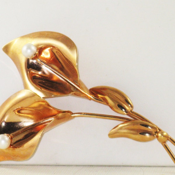 Large Calla Lily Vintage Art Deco Sterling Silver and Copper Brooch Pin (B-2-5)