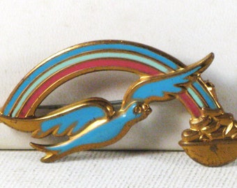 Antique Collectible Enameled Stamped Brass Blue Bird Rainbow Brooch Pin (B-2-2)
