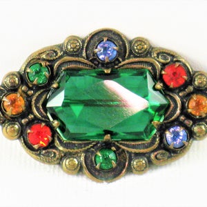 Antique Vintage Oval Fruit Salad Multicolored Rhinestone Brooch Pin (B-4-5)
