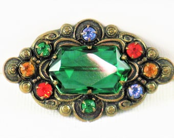 Antique Vintage Oval Fruit Salad Multicolored Rhinestone Brooch Pin (B-4-5)