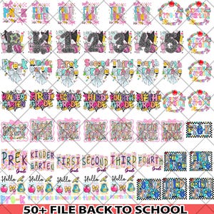 50+ Preppy Back to School PNG Bundle, Hello Kindergarten Pre-K 1st 2d 3d 4th 5th Grades Png, Coquette First day Hand Drawn Teacher Girl