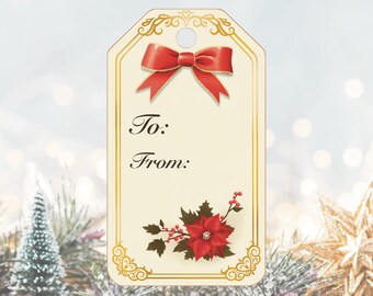 Etiquetas para regalos de Navidad vintage imprimibles, descarga digital, etiquetas festivas con diseño de lazo y flor de pascua