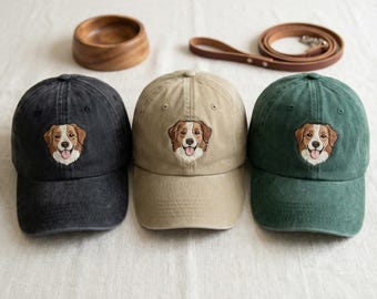 Pet Portrait Embroidered Wash Dad Cap, Custom Dog or Cat Photo Hat, Personalized Gift