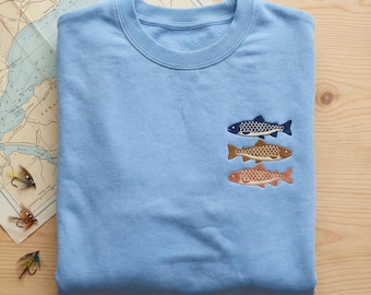Embroidered Retro Fish Sweatshirt, Fishing Species Hoodie, Colorful Trout Crewneck, Fisherman Gift, Abstract Nature Pullover, Lake Life