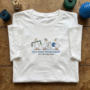 May include: White t-shirt featuring a cartoon of three geese engaged in physiotherapy exercises. The geese are using weights, a resistance band, and a blue ball. The text reads "SILLY GOOSE PHYSIOTHERAPY" and "LET'S GET MOO-VING!"