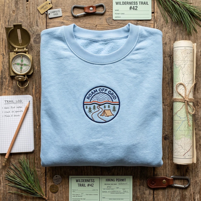 May include: A light blue crewneck sweatshirt with a circular embroidered patch that reads "ROAM OFF GRID". The image includes a compass, trail log, map, and camping permit, suggesting a wilderness theme.