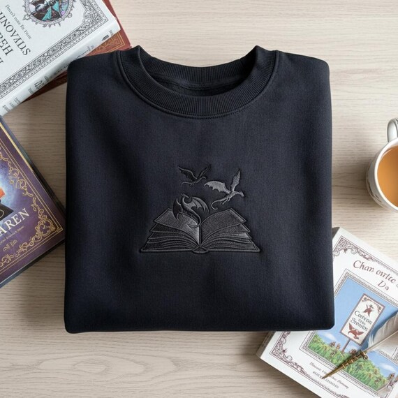 Fourth Wing Inspired Tone on Tone Embroidered Sweatshirt, Dragon Book Crewneck, Empyrean Series Dark Academia Top