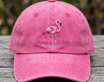 Pink Flamingo Embroidered Hat, Tropical Summer Wash Dad Cap, Beach Vacation Gift, Exotic Bird Accessory, Florida Style Hat