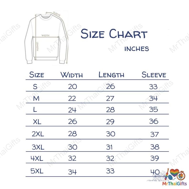 May include: Size chart for a sweatshirt, with measurements in inches. The chart includes sizes S to 5XL, detailing width, length, and sleeve measurements. The text "SIZE CHART INCHES" is displayed at the top.