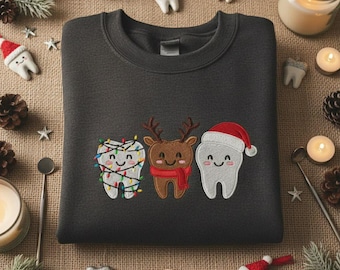 Christmas Dentist Embroidered Sweatshirt, Funny Dental Assistant Gift, Reindeer Tooth Holiday Crewneck, Dental Hygienist