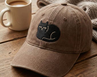 Embroidered Grumpy Black Cat Wash Dad Cap, Cute Pet Lover Gift, Funny Cat Hat for Women and Men, Animal Embroidered Dad Hat