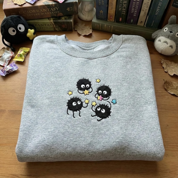 Star Sprite Embroidered Sweatshirt, Black Soot Spirit Hoodie, Magical Forest Creature Shirt, Celestial Anime Embroidery, Kawaii Gift