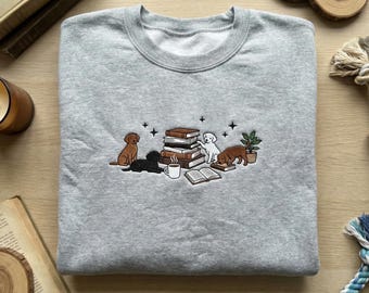 Embroidered Puppies and Books Sweatshirt, Dog Lover Reading Hoodie, Aesthetic Bibliophile Gift, Bookish Dog Mom Shirt, Library Apparel
