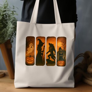 Halloween Tote Bag: Spooky Ghost, Witch, Cat & Pumpkin Design