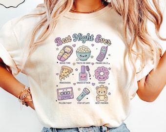 Best Night Ever T-Shirt, Cute Slumber Party Tee, Girls Night Out Shirt, Kawaii Aesthetic Popcorn Pizza Design, Retro Pillow Fight Top, Best