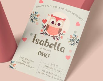 Owl Birthday Adventure editable birthday invitation template, whimsical woodland design for kids birthday party