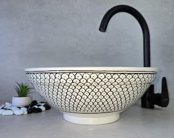Fish Scale Pattern Sink - Moroccan Handmade Ceramic Sink - Handmade Ceramic Sink - Unique Sink with Artisan Design - Round Basin