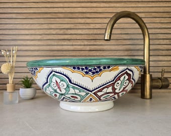 Handmade Moroccan Ceramic Basin - Moroccan ceramic handcrafted sink full of elegance and tradition - round basin - By hands
