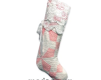 christmas stocking made from vintage quilt and antique crochet