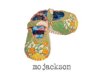 baby shoes mary janes created out of antique grandmother's flower garden quilt