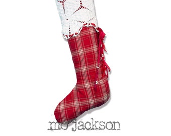 personalized christmas stocking made from vintage quilt and antique crochet