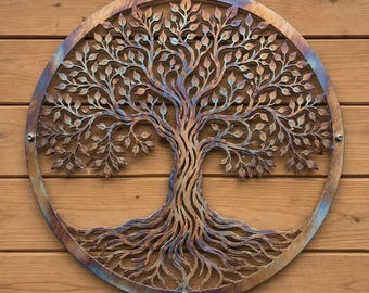 Arte de pared del Árbol de la Vida de Metal, Letrero de Aluminio para Decoración Exterior, Decoración de Pared de Árbol Rústico, Escultura de Metal Inspirada en la Naturaleza para el Hogar, Estilo Granja