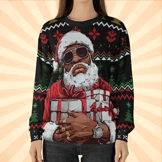 Custom Name Ugly Christmas Sweater Black Gangsta Acrylic Wool