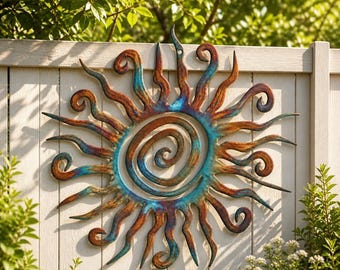 Wacky Sun Metal Wall Art, Large Sun Metal Sign, Colorful Sun Wall Art Patio, Rustic Outdoor Sun Decor, Patina Garden Wall Hanging, Boho Pati