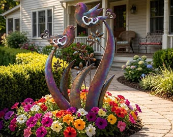 Hummingbirds and Flowers Metal sign, Unique Metallic Birds, Glossy Metal, Gift for Hummingbird Lovers, Torched Color Metal, Metal Garden Dec
