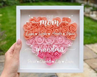 Personalisieren Sie Mutter Oma Rose Shadow Box, benutzerdefinierte Hand hält Rahmen mit Kindernamen, Geschenk für Mama, Oma, Nana