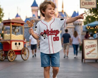 Personalisieren Sie Disney Mickey Mouse Süßes gestreiftes weißes Baseballjersey, benutzerdefinierte Buzz Lightjahre Toy Story, 2026 Disney World Familienurlaubsreise