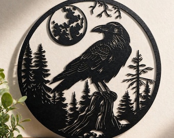 Raven Moon Metallwandkunst, Krähen-Wanddekor, Gothic Wohnkultur, Geschenk für Gothic-Liebhaber-Dekor, Rabenkunst