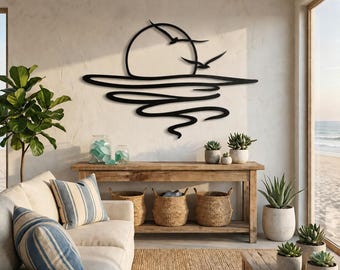 Arte mural de metal con sol y océano, decoración de patio con puesta de sol costera, arte para casa de playa, arte de metal con sol y olas, silueta de amanecer bohemio, decoración de pared