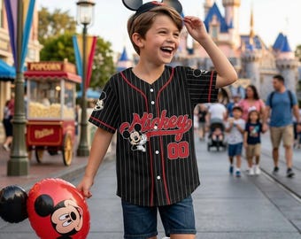 Personalisieren Sie Disney Micky Maus Niedlich gestreiftes schwarzes Baseball Jersey, Geburtstagsgeschenk Vatertag Disney 70. Jahrestag 2026 Familienabgleich